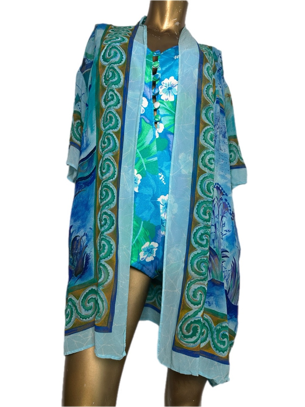Vintage Gottex Aqua Blue Abstract Print Kimono Cover-Up | Resort Swim Topper